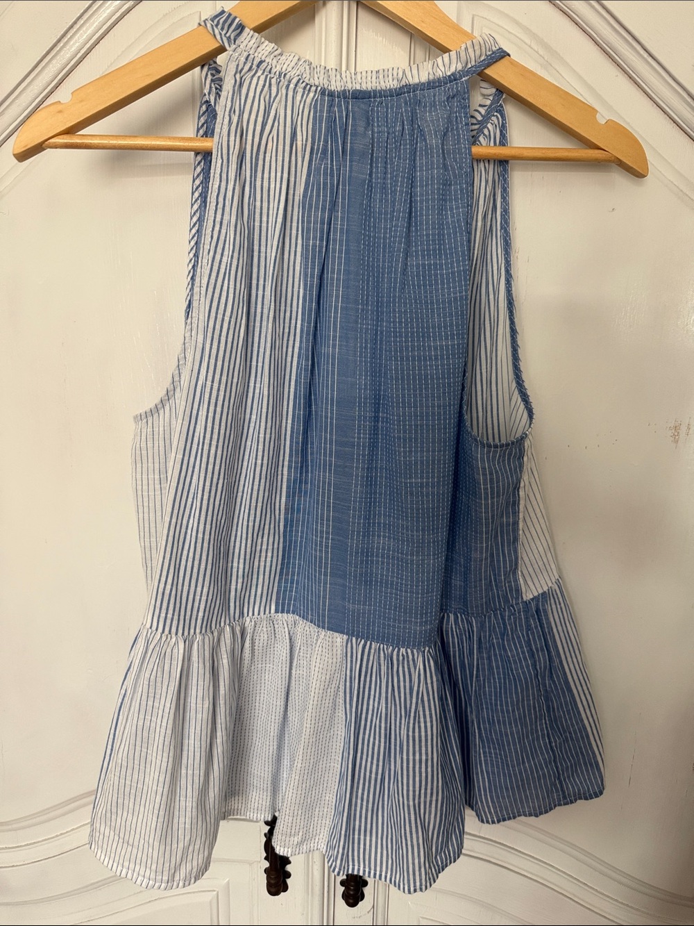 Lucky Brand Blue White Striped Patchwork Tassel Peplum Tank Top Coastal Cotton M - Picture 3 of 8